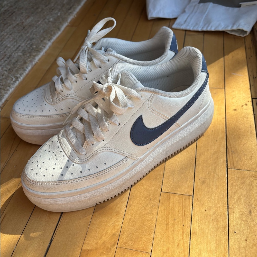 Nike Off-White Leather Low-Top Sneakers with Navy Swoosh